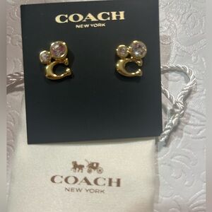 Coach Elegant Gold Stud Earrings with Crystals NWT